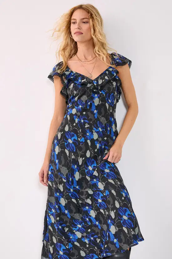 NastyGal Floral Chiffon Lace Trim Cap Sleeve Maxi Dress