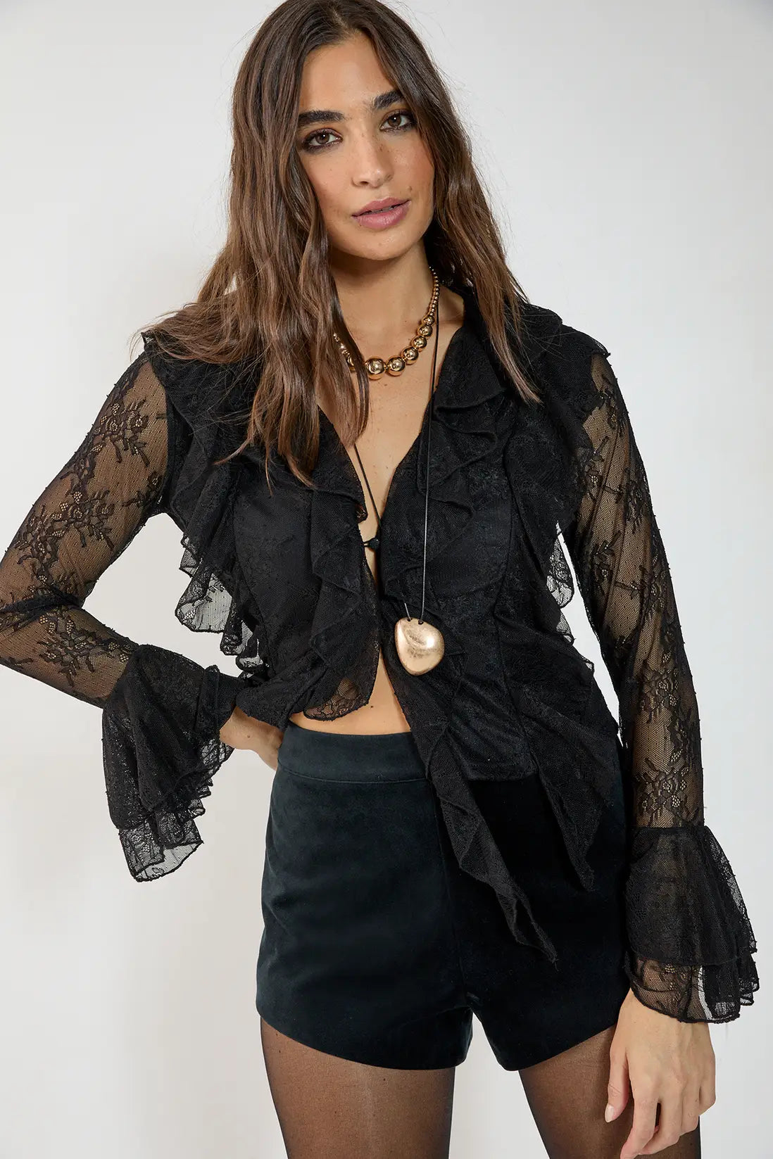NastyGal Lace Ruffle Sheer Blouse