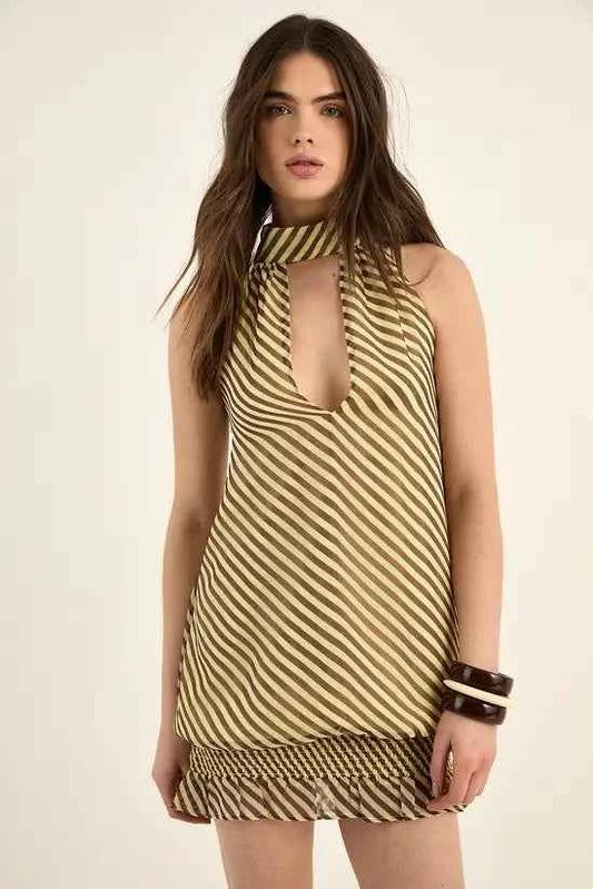 NastyGal Chiffon Stripe Scarf Tie Elasticated Ruffle Mini Dress