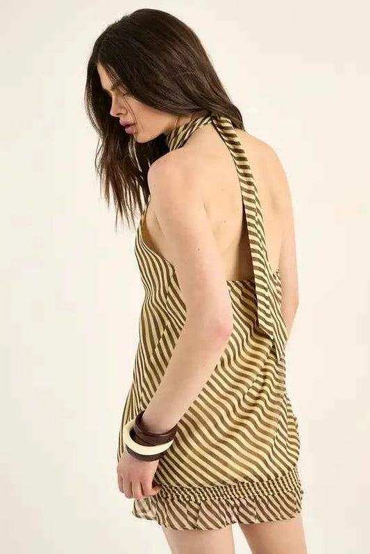 NastyGal Chiffon Stripe Scarf Tie Elasticated Ruffle Mini Dress