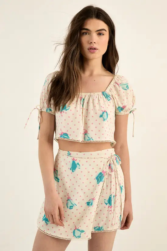 Plt - NastyGal Floral Polka Dot Lace Trim Wrap Mini Skirt