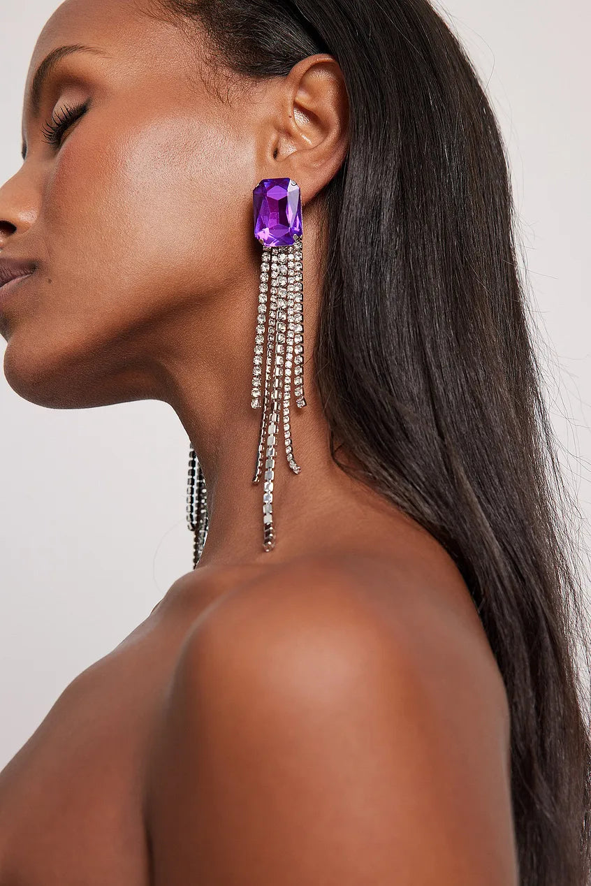 Big Stone Hanging Strass Earrings Purple