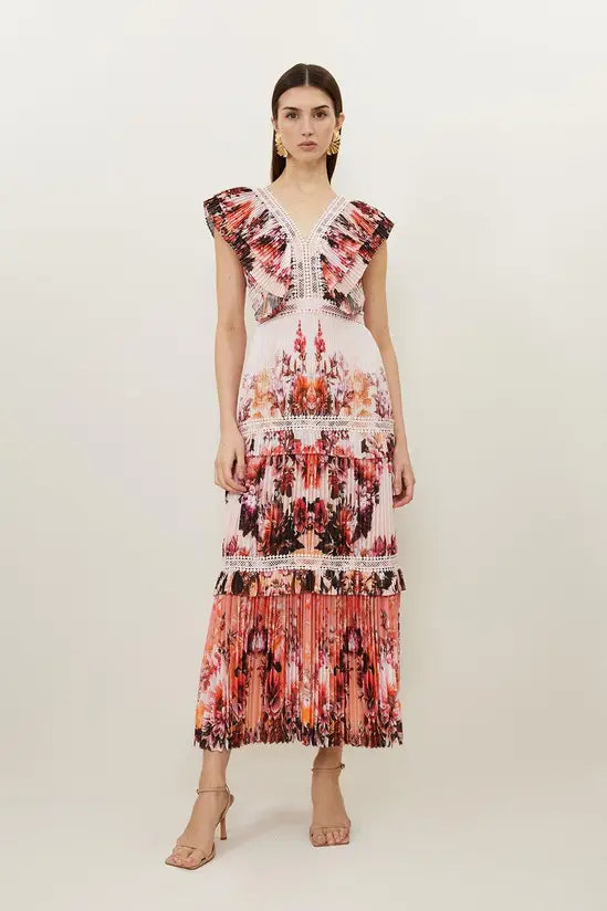 KarenMillen Petite Mirrored Floral Pleated Woven Sleeveless Maxi Dress