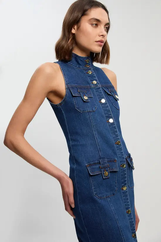 KARENMILLEN DENIM SLEEVELESS MIDI BUTTON DETAIL MIDI DRESS