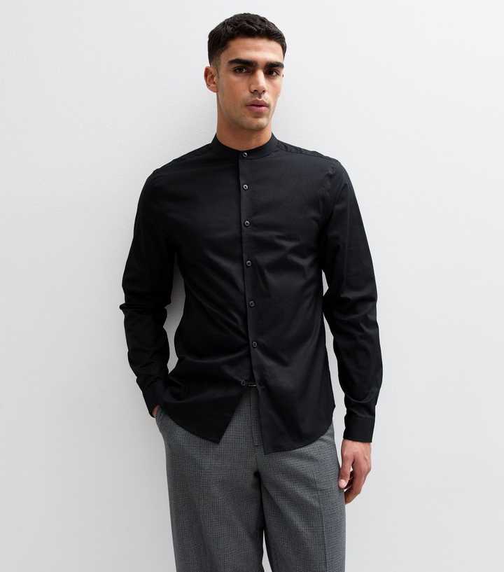 New Look grandad collar long sleeve shirt in black
