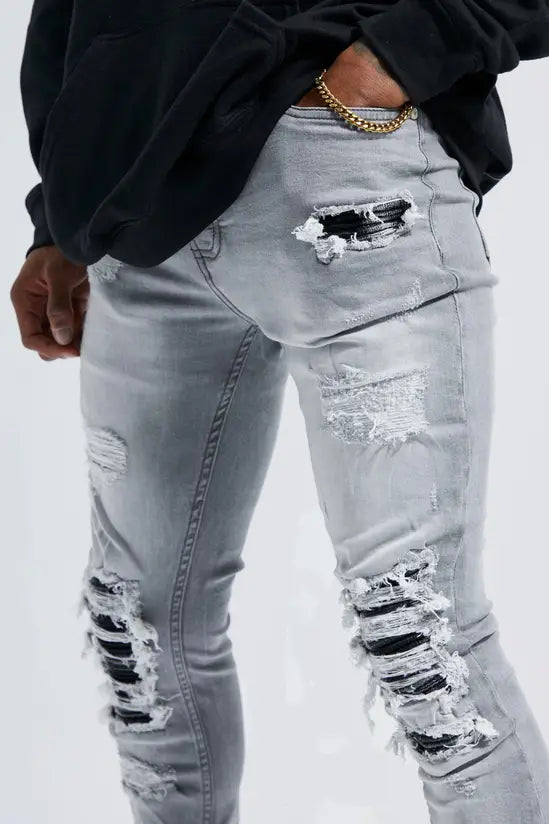 boohooMAN Super Skinny Stretch Rip & Repair Check Jeans