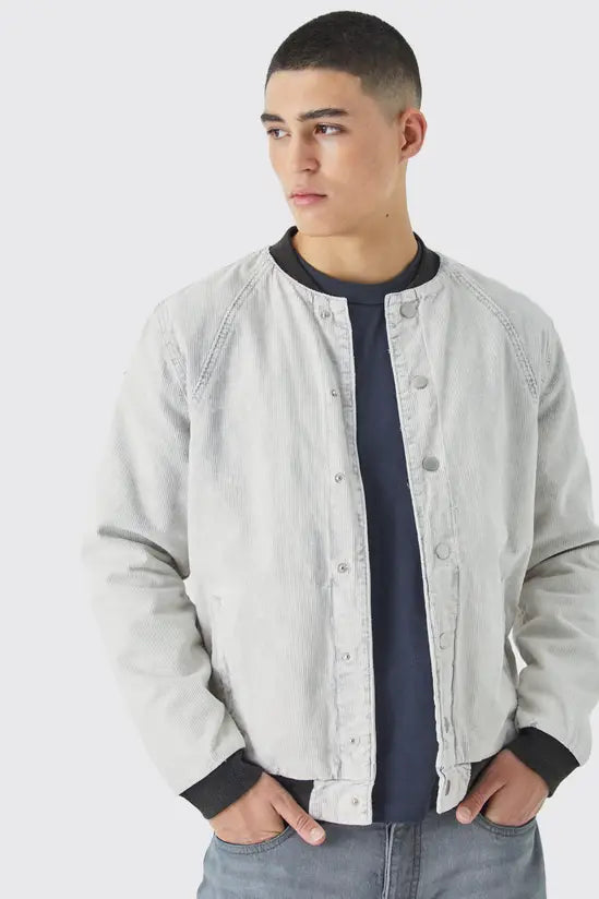 boohooMAN Cord Acid Wash Quilted Bomber Jacket In Light Grey
