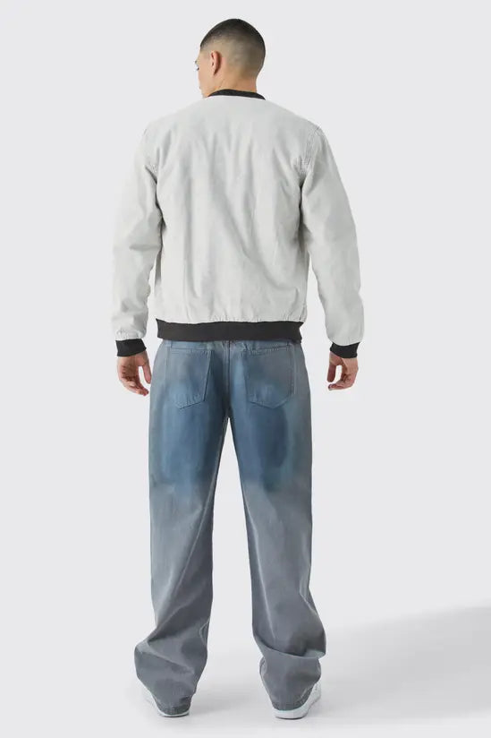 boohooMAN Cord Acid Wash Quilted Bomber Jacket In Light Grey