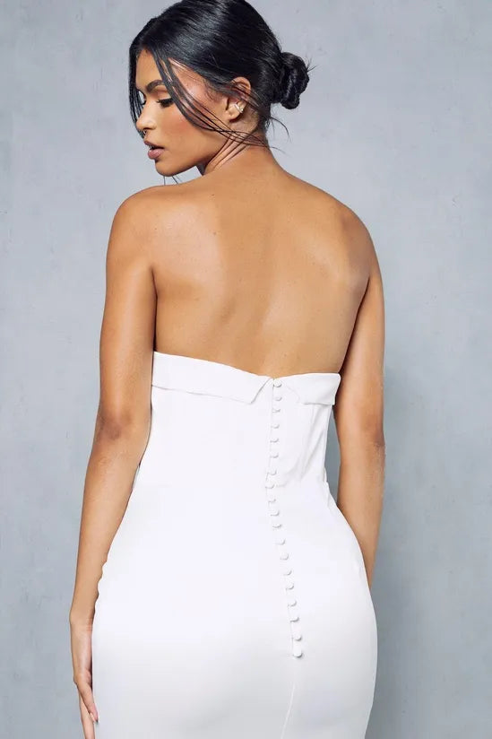 Premium Satin Strapless Corseted Button Detail Gown