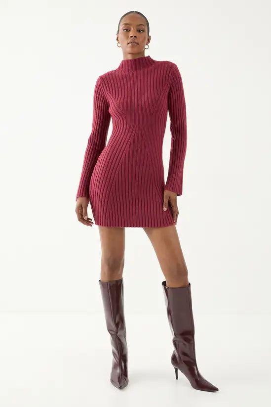 MissPap Knitted Ribbed Flute Long Sleeve Mini Dress
