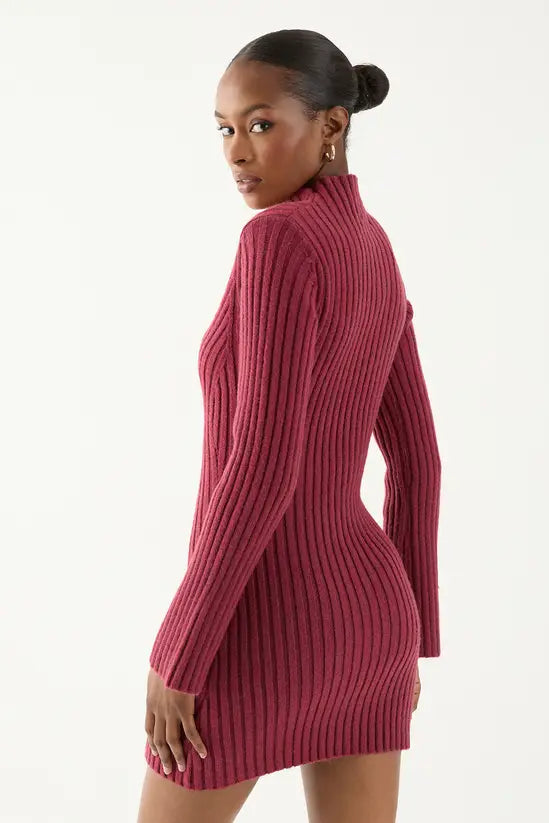 MissPap Knitted Ribbed Flute Long Sleeve Mini Dress