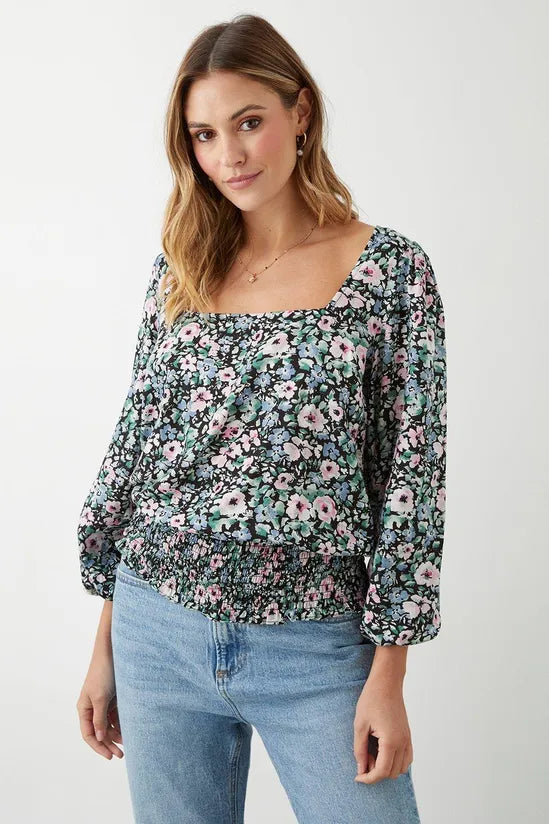 Dorothy Perkins Multi Floral Square Neck Shirred Hem Blouse