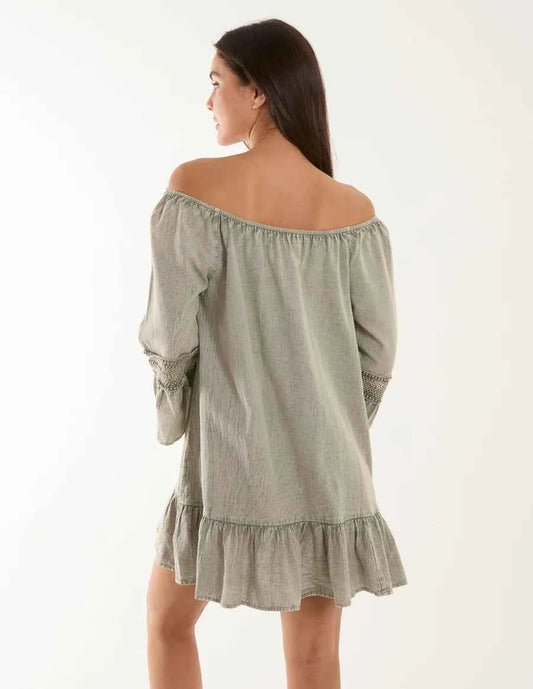 Blue Vanilla - Lace Trim Elasticated Bardot Neck Tunic Dress