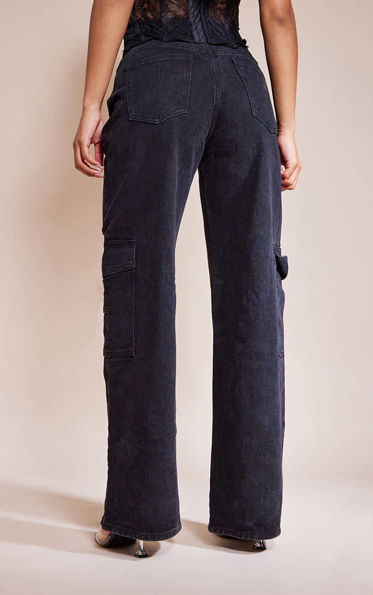 Washed Black Cargo Side Pocket Wide Leg Jeans