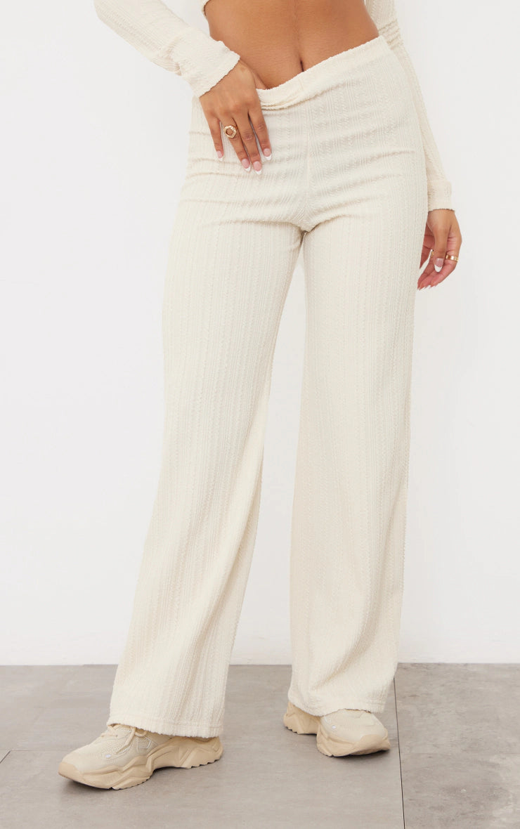 Cream Textured Ribbed High Waisted Wide Leg Trousers