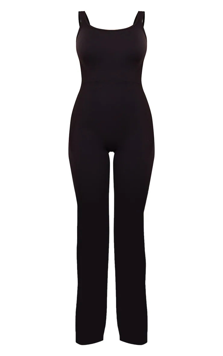 Black Contour Sculpt Double Strap Flare Leg Jumpsuit