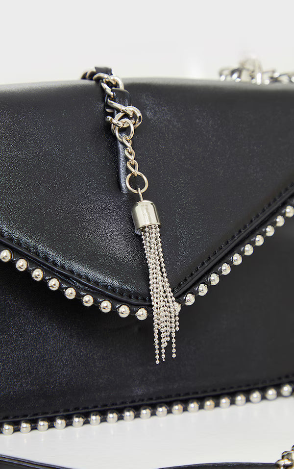 Black PU Chain and Tassel Trim Cross Body Bag