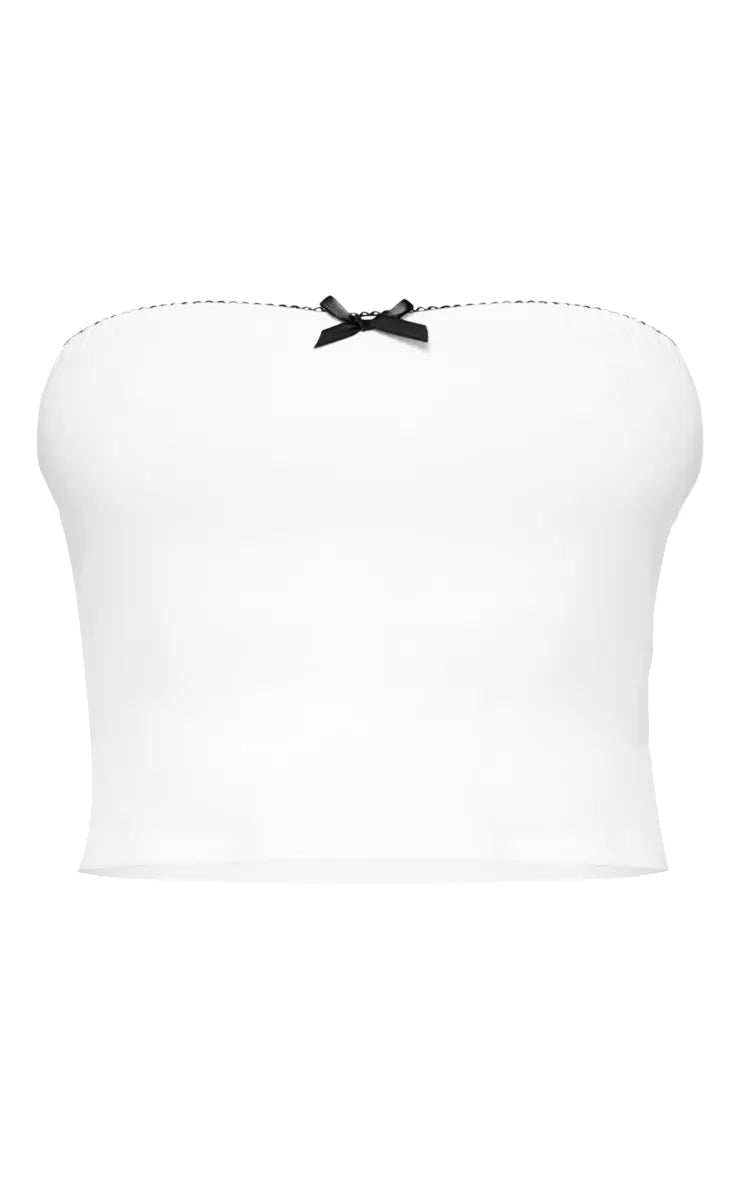 White Stretch Woven Small Bow Detail Tube Top