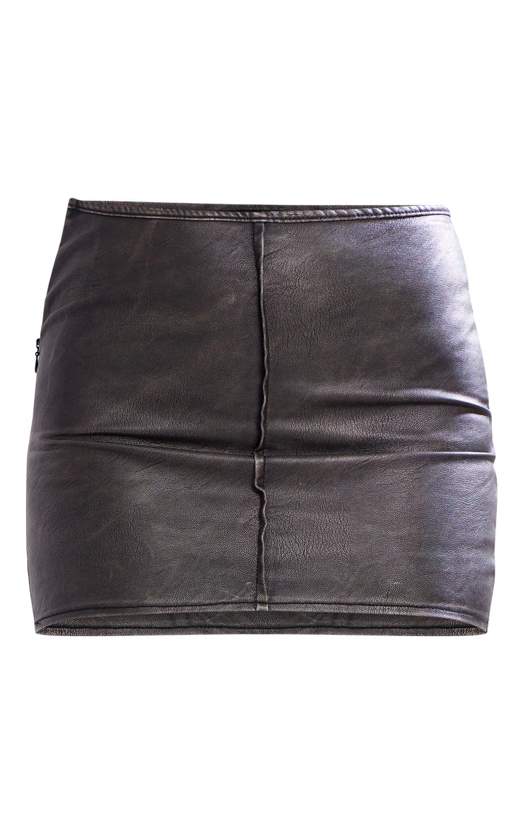 Premium Black Washed Faux Leather Seam Detail Low Rise Micro Mini Skirt