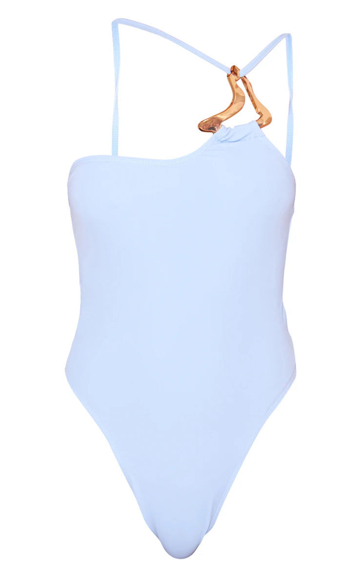 Dusty Blue Gold Trim Asymmetric Swimsuit