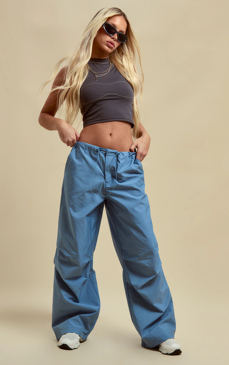 Grey Nylon Low Rise Drawstring Tie Waist Cargos