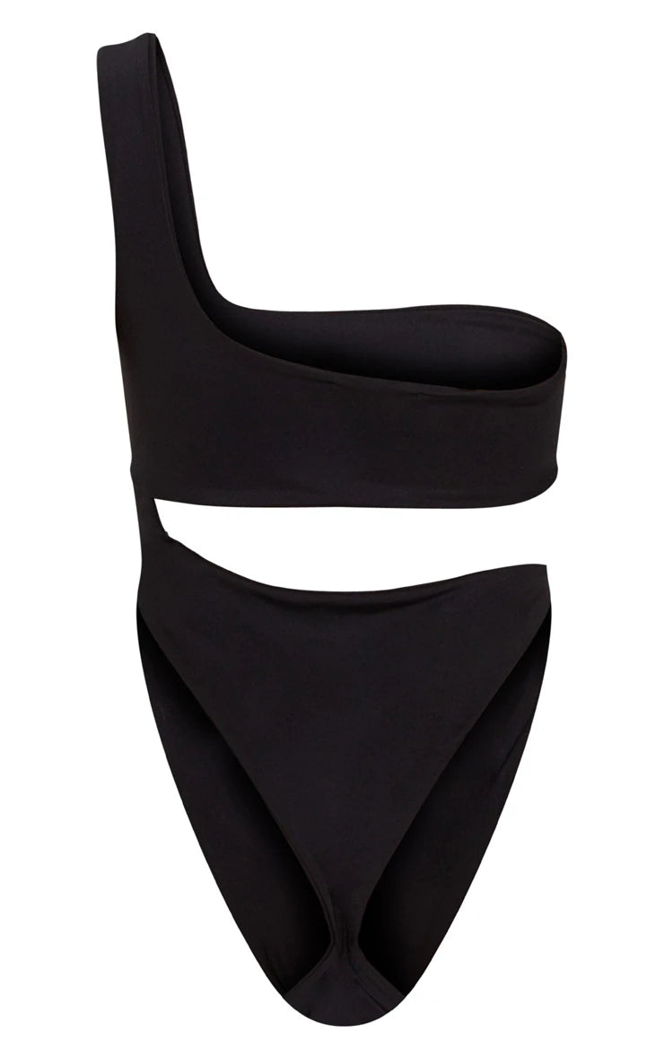 Black One Shoulder Cut Out Swimsuit