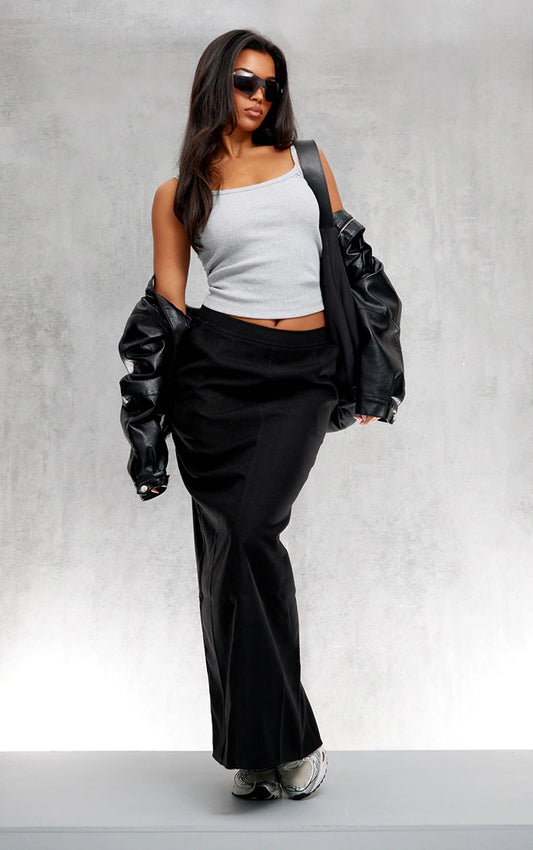 Black Soft Twill Blend Straight Maxi Skirt