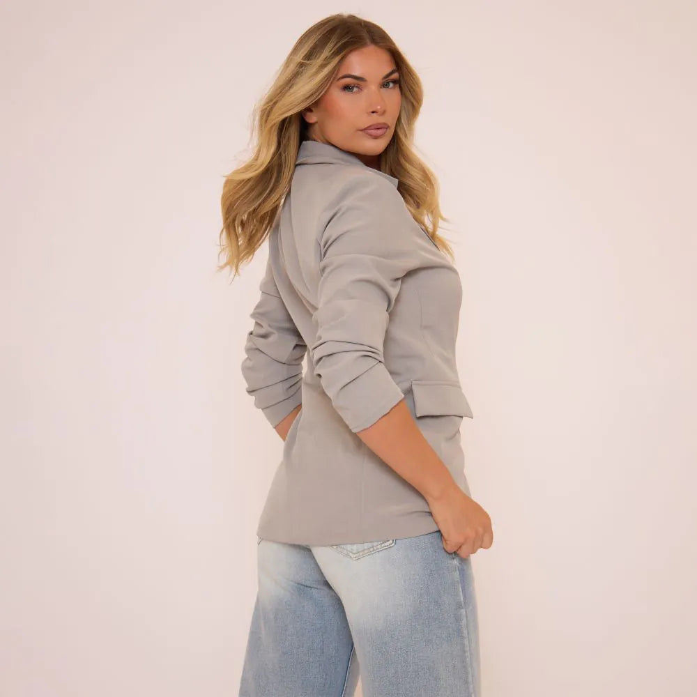 Long Sleeve Cinched Waist Blazer In Light Grey