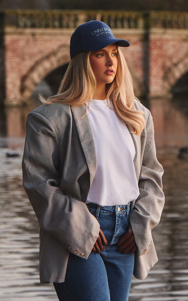 Brown Houndstooth Shoulder Padded Oversized Curved Hem Blazer