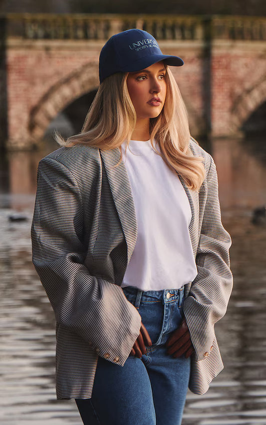 Brown Houndstooth Shoulder Padded Oversized Curved Hem Blazer