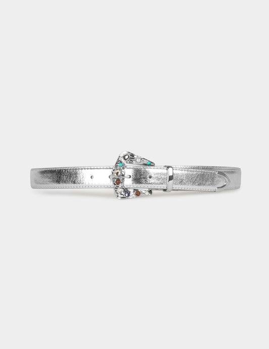 Metallised belt with jewelled buckle silver women