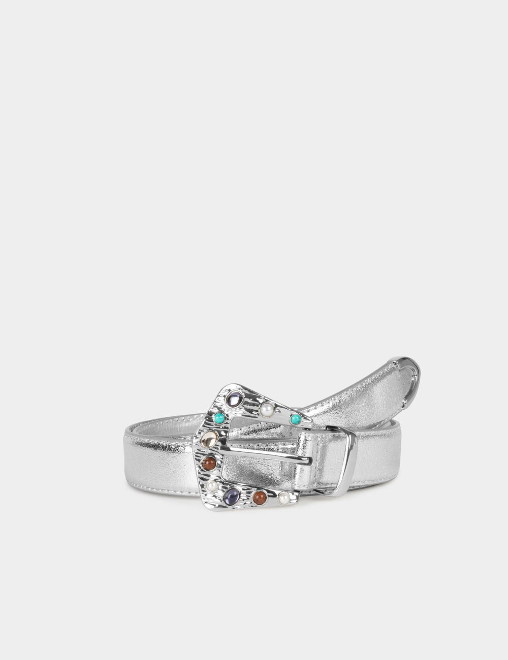 Metallised belt with jewelled buckle silver women