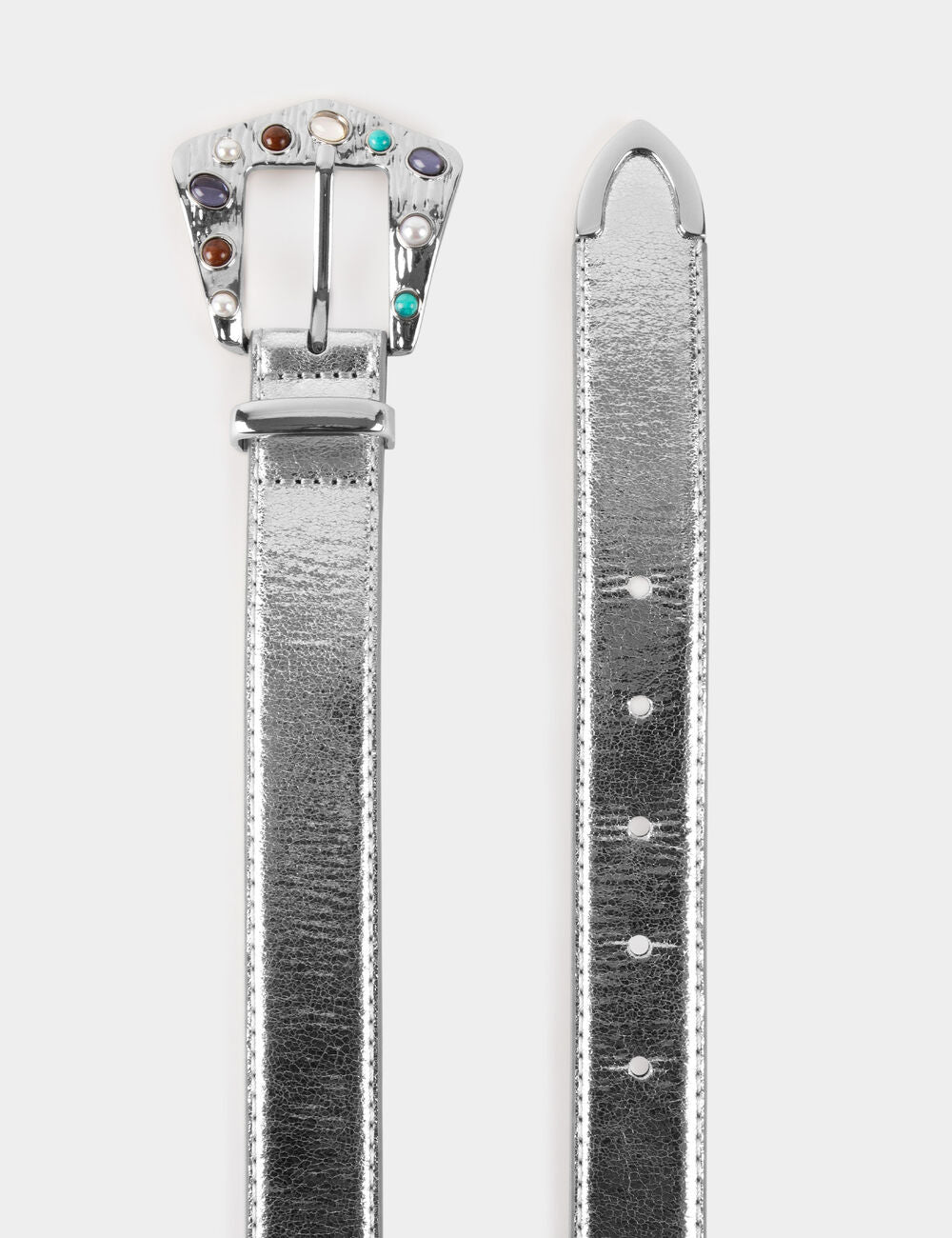 Metallised belt with jewelled buckle silver women