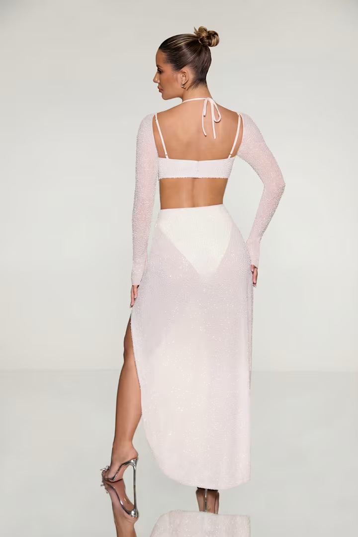 Embellished Cowl Neck Maxi Dress in Ivory