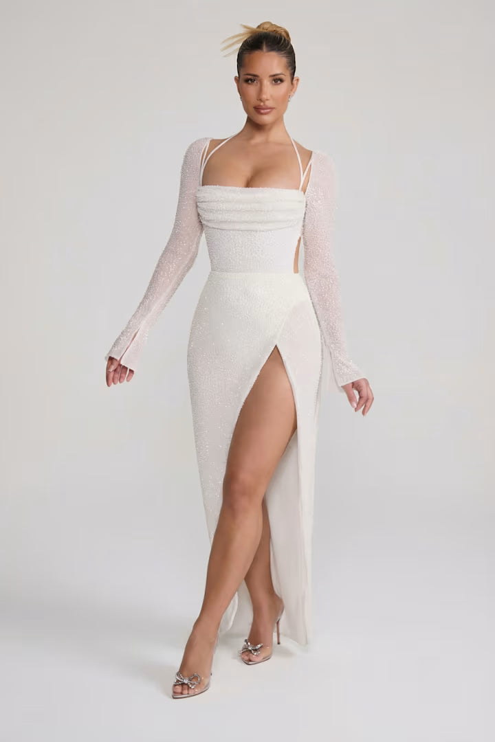 Embellished Cowl Neck Maxi Dress in Ivory