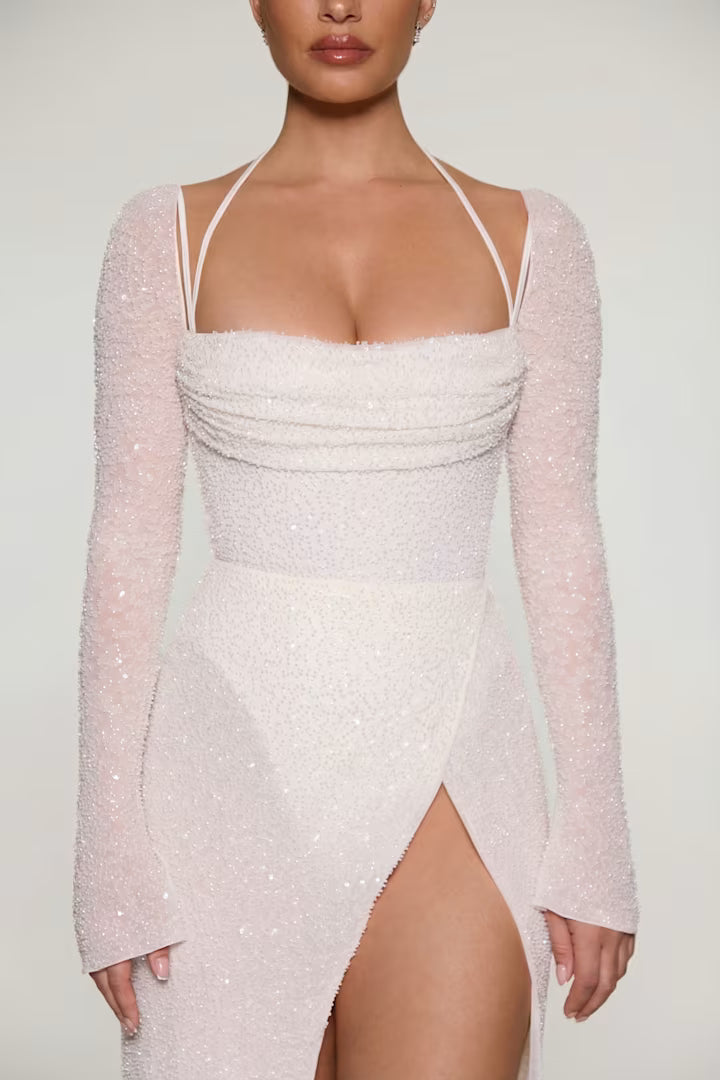 Embellished Cowl Neck Maxi Dress in Ivory