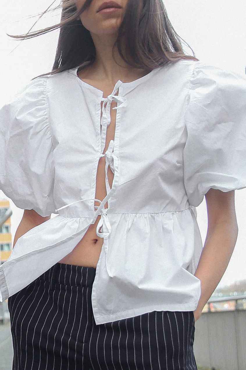 Cotton Puff Sleeve Tie Front Blouse