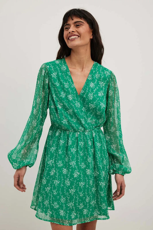 Chiffon Overlap Puff Sleeve Mini Dress