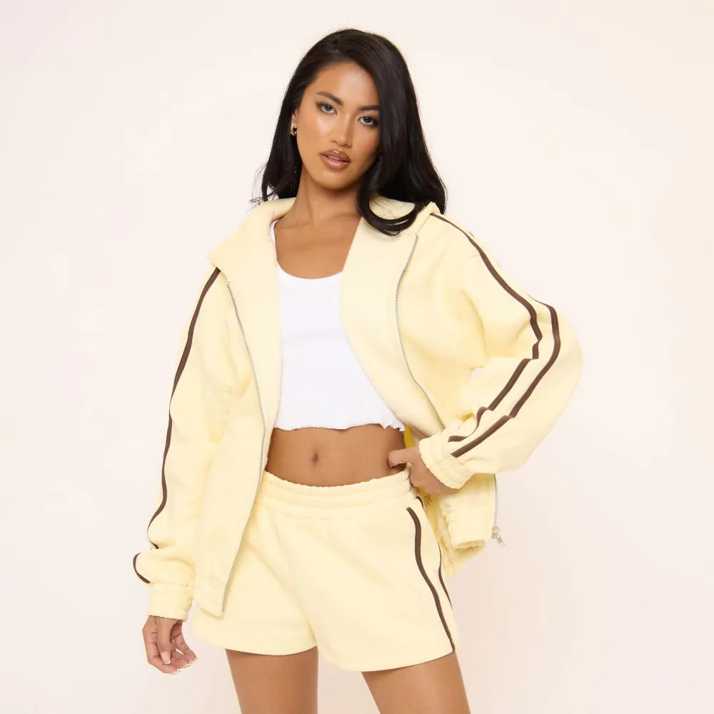 Oversized Contrast Stripe Side Essential Graphic Zip Up Hoodie In Yellow