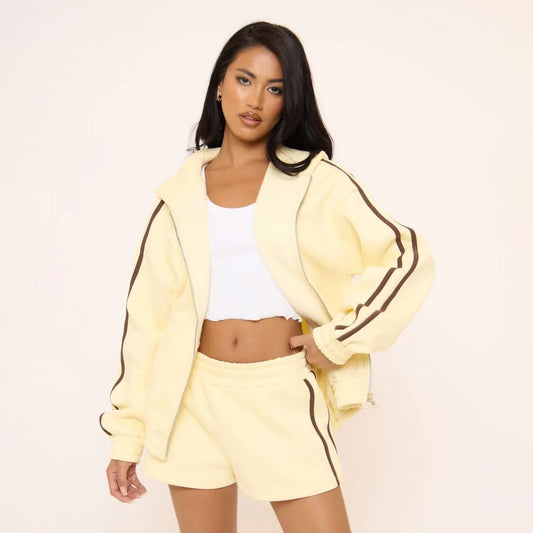 Oversized Contrast Stripe Side Essential Graphic Zip Up Hoodie In Yellow