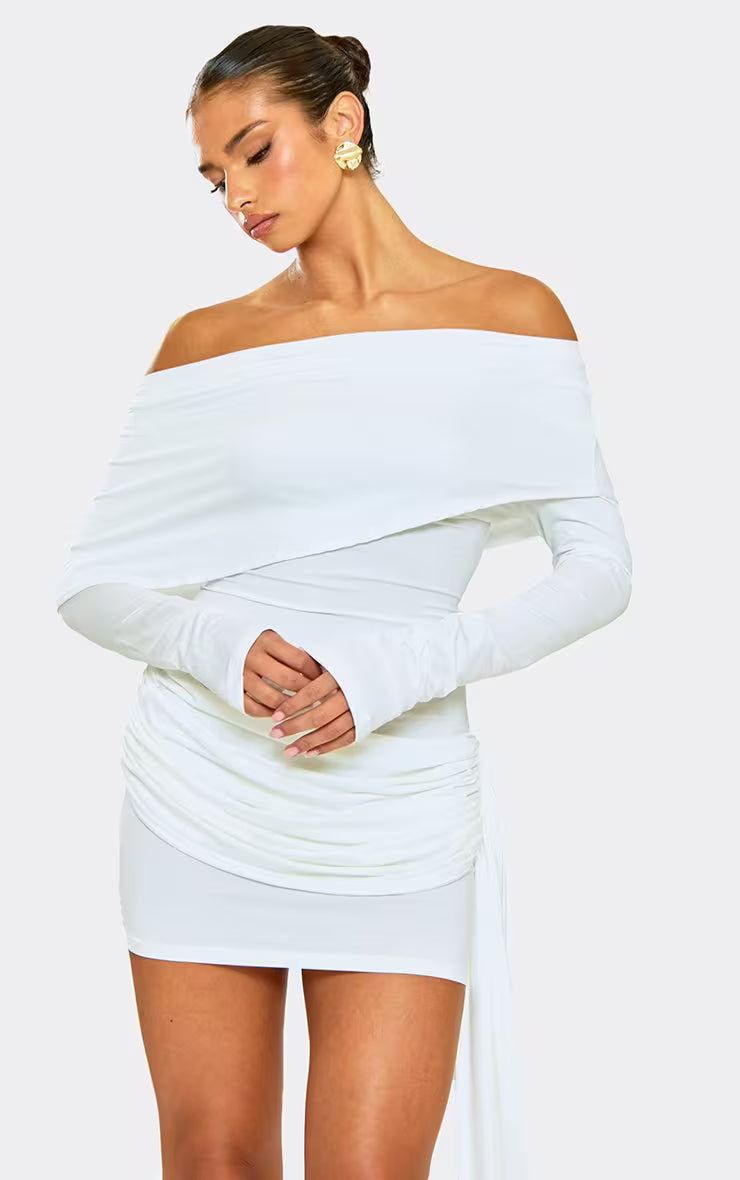 Asymmetric Bardot Drape Detail Mini Bodycon Dress In White Slinky