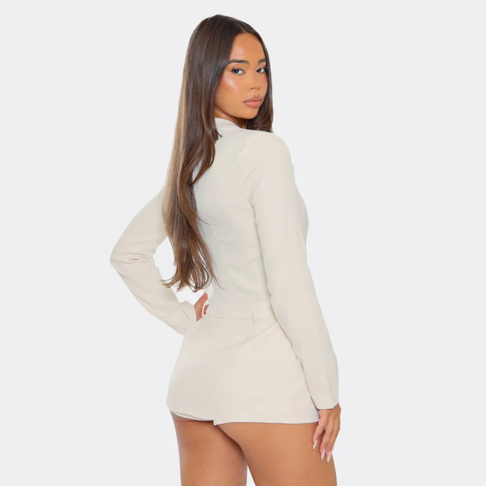 Long Sleeve Plunge Front Pocket Detail Blazer Playsuit In Cream