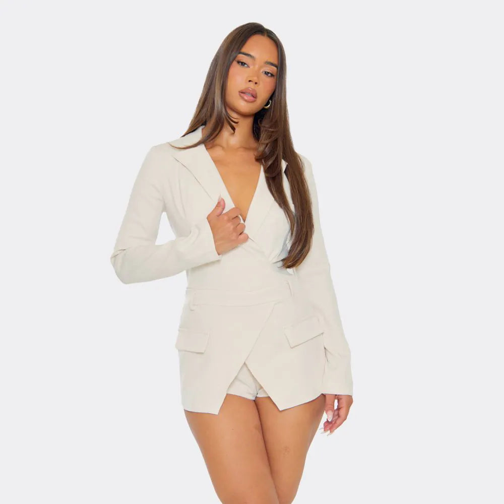 Long Sleeve Plunge Front Pocket Detail Blazer Playsuit In Cream