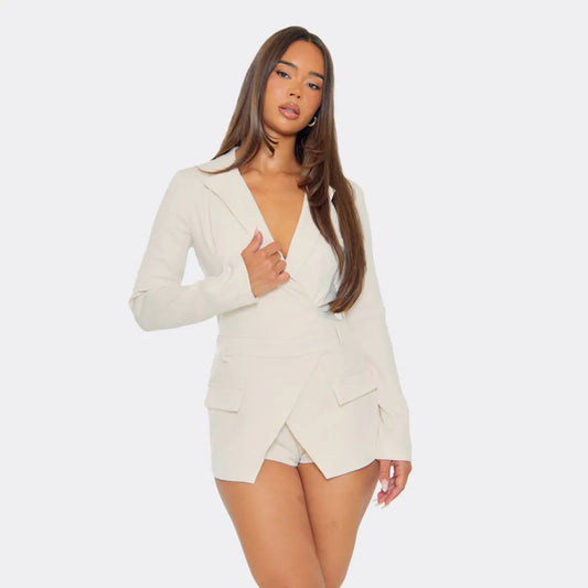 Long Sleeve Plunge Front Pocket Detail Blazer Playsuit In Cream
