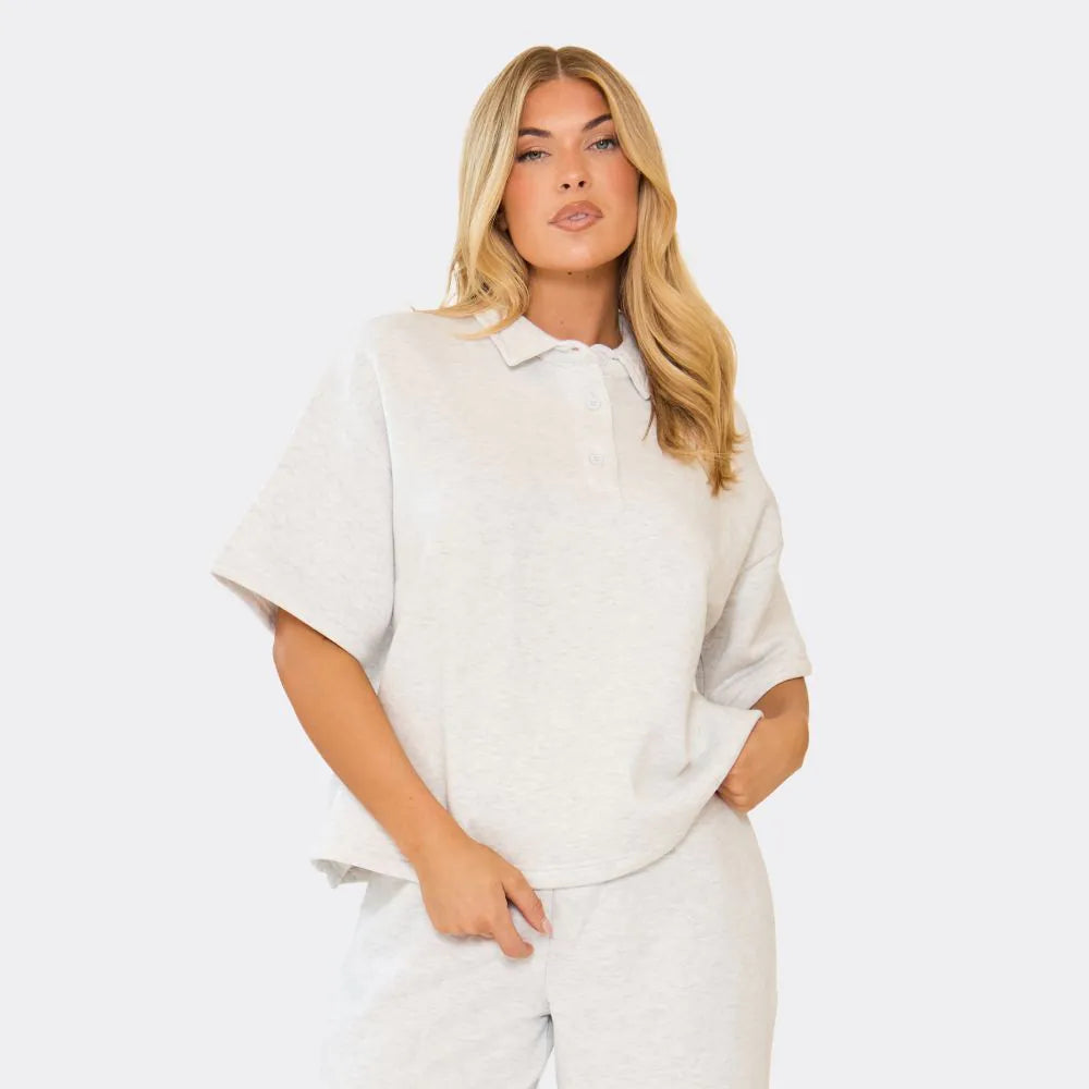 Short Sleeve Polo Collar Detail Sweatshirt In Grey