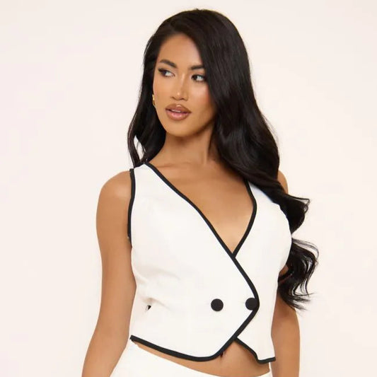 Sleeveless Contrast Seam Detail Cropped Waistcoat In White