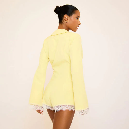 Long Sleeve Lace Trim Detail Blazer Playsuit In Yellow