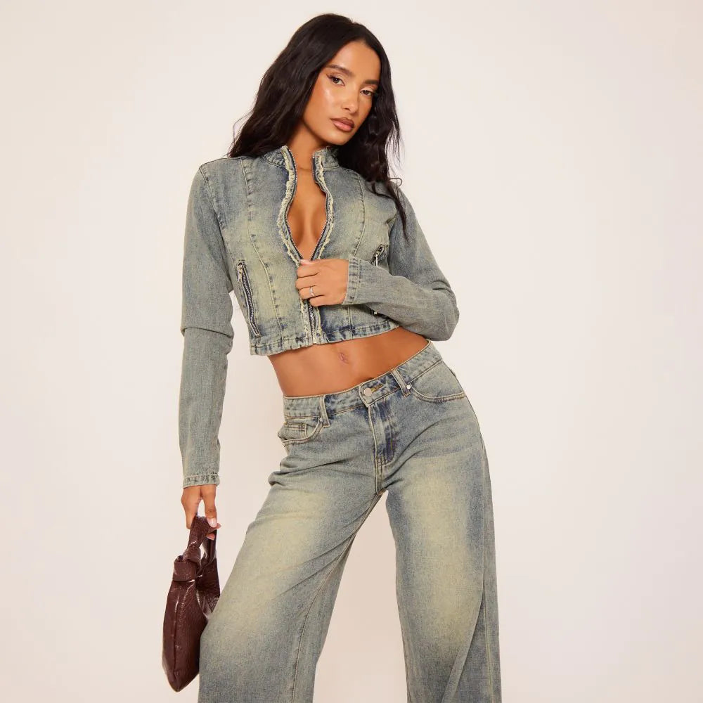 High Neck Frayed Hem Detail Fitted Jacket In Vintage Blue Denim