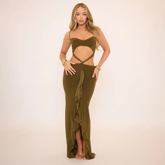 Cupped Bust Cut Out Frill Detail Split Front Maxi Dress In Green