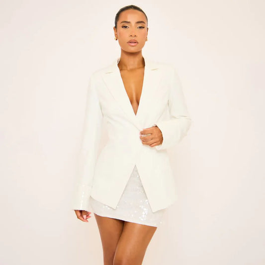 Long Sleeve Plunge Front Cinched Waist Blazer In White